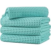 Microfiber Waffle Hand Towels, 4 Pieces, Soft, Absorbent, Fast Drying, Lint Free 430 GSM (Turquoise)