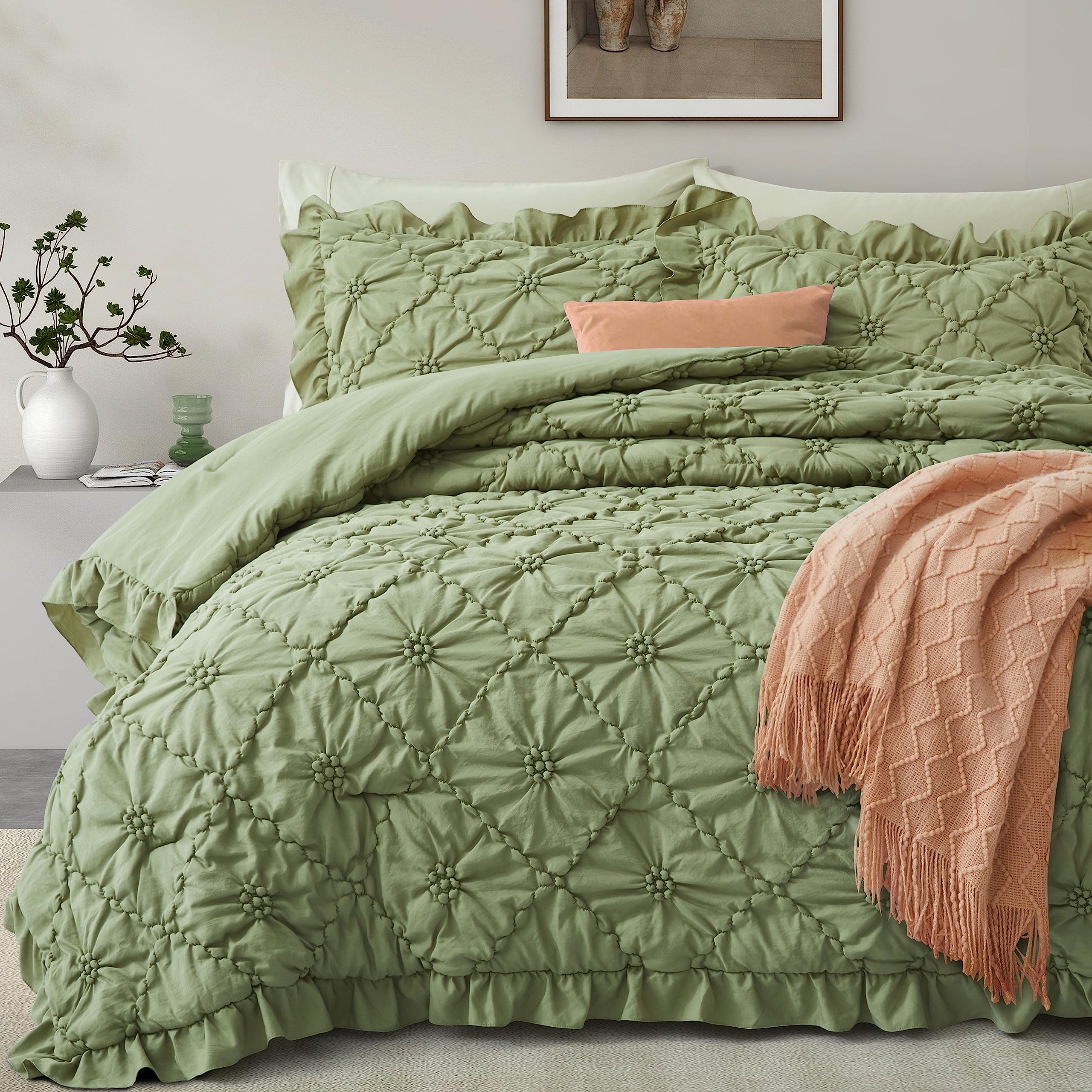 Photo 1 of BEDAZZLED King Size Comforter Sets, Green Bedding Comforter Set, 3 Pieces Pinch Pleat Bedding Sets with Comforter and Pillowcases Soft Farmhouse Shabby Chic Comforter for All Season