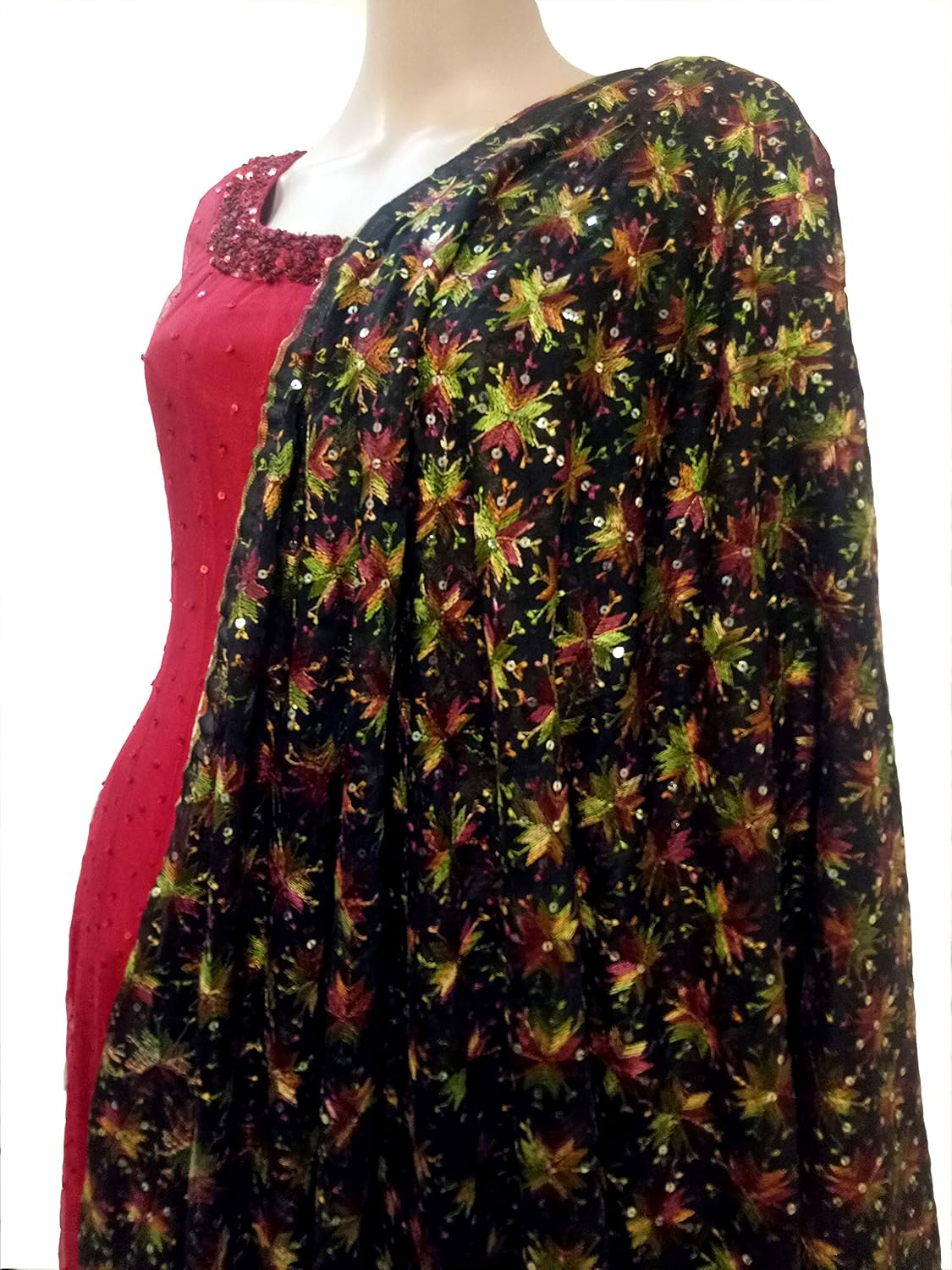 phulkari dupatta women's chiffon hand embroidered dupatta (black_free size)