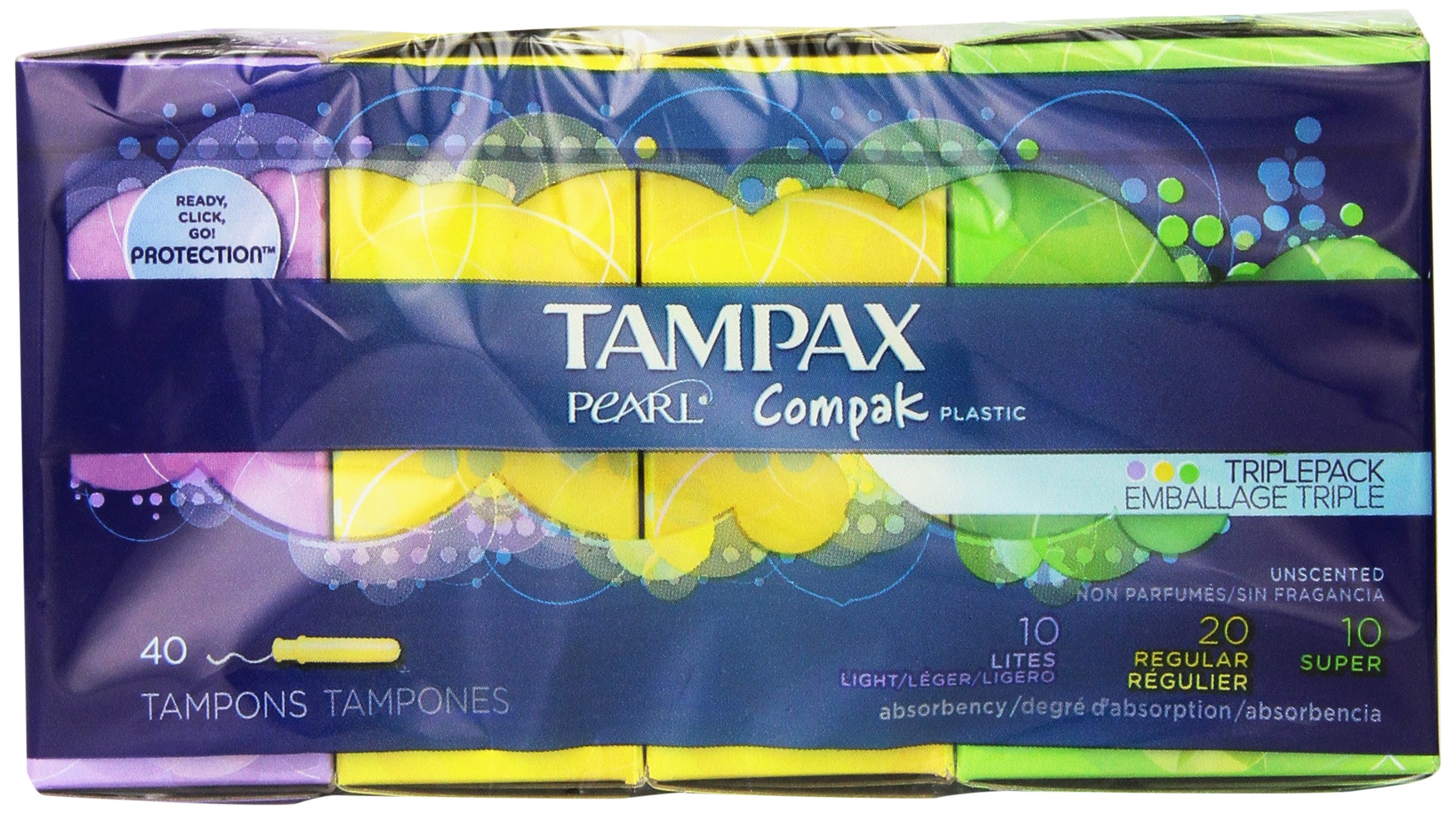 Tampax Pearl Compak Plastic Tampons, Multipack (Light/Regular/Super), Unscented, 40 Count Pack