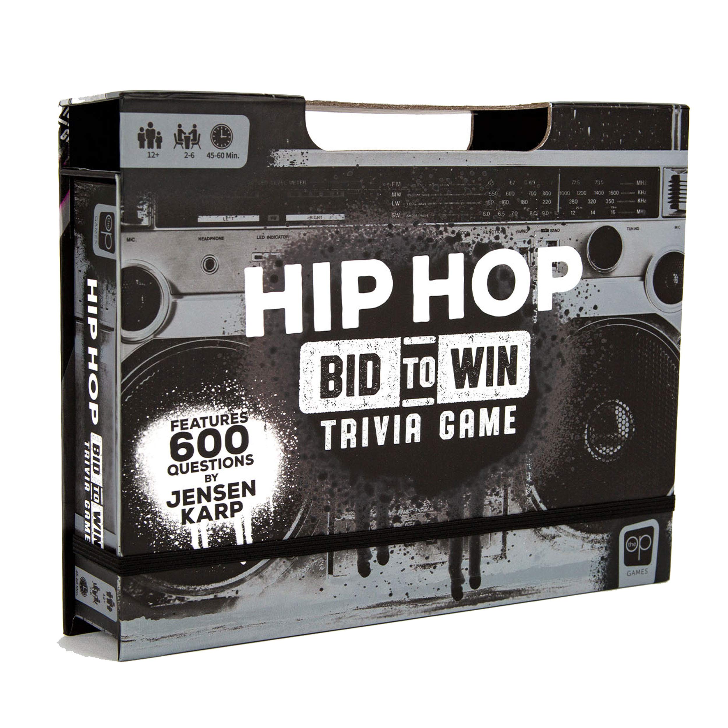 The OP Games | Hip Hop Bid to Win Trivia Game | Music Board Game Featuring 600 Questions with a Hip Hop Trivia Theme | Custom Game Box Converts from Boom Box into Gameboard | Collectible Board Game