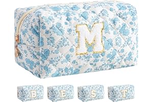 HBselect Initial Makeup Bag for Women, Quilted Cosmetic Travel Toiletry Bag, Flowers Zipper Make Up Pouch Organizer Teen Girl Gifts Trendy Stuff M