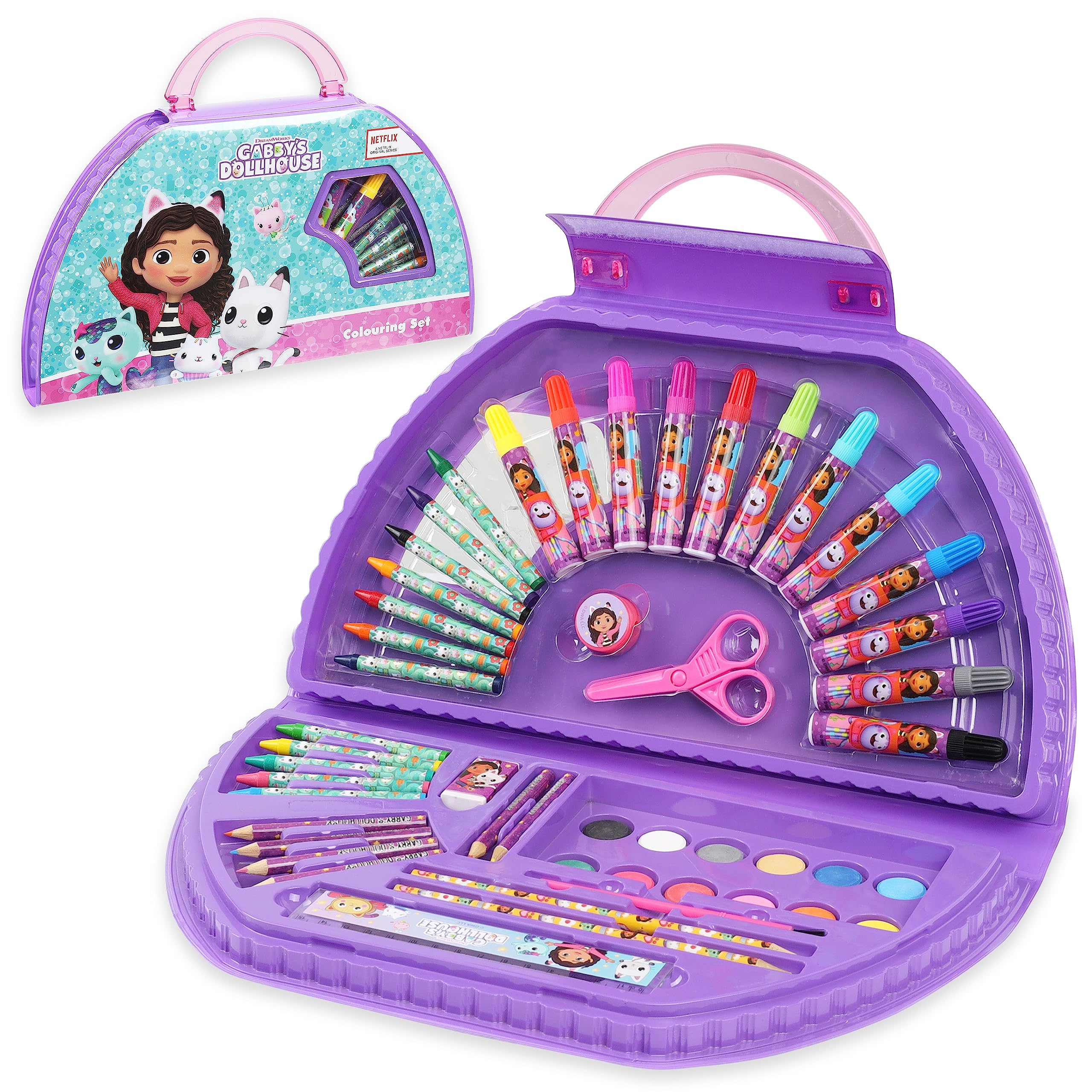 Gabby's Dollhouse Art Set Girls Colouring Pencils Paints Felt Tip Pens Stationery Crafts for Kids Art Supplies Preschool Travel 40 Plus Pcs Gift Set (Purple Halfmoon Set)