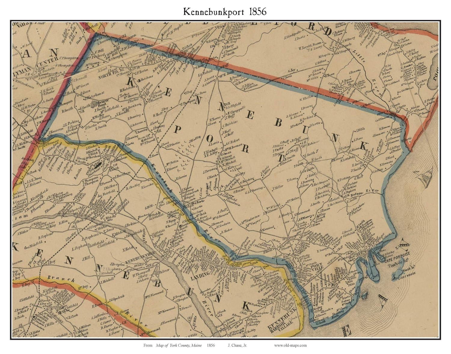 Amazon Com Kennebunkport 1856 Old Town Map With Homeowner Names Maine Cape Porpoise Reprint York County Me Handmade