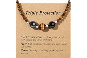 AryaHozel Healing Crystal Beaded Necklaces for Women Christmas Gift | Triple Protection, Anxiety Relief, New Beginnings, Mone