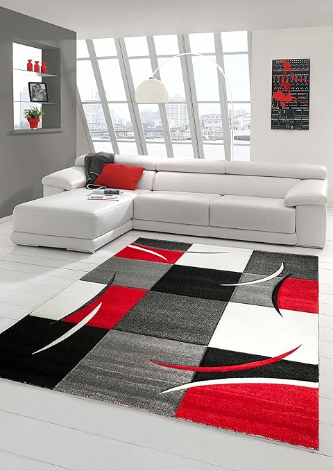 Salon Designer Tapis Contemporain Tapis Moquette à Motif Diamant Contour De Coupe Rouge Gris Blanc Noir 160x230 Cm