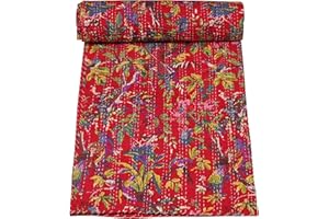 Marubhumi Indian Handmade Stitched Pure Cotton Bohemian Bird Print Kantha Quilt (Red, Queen (90"x 108"))