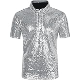 Lars Amadeus Sequin Polo for Men's Sparkle Short Sleeves Club Party Shiny Golf Shirts