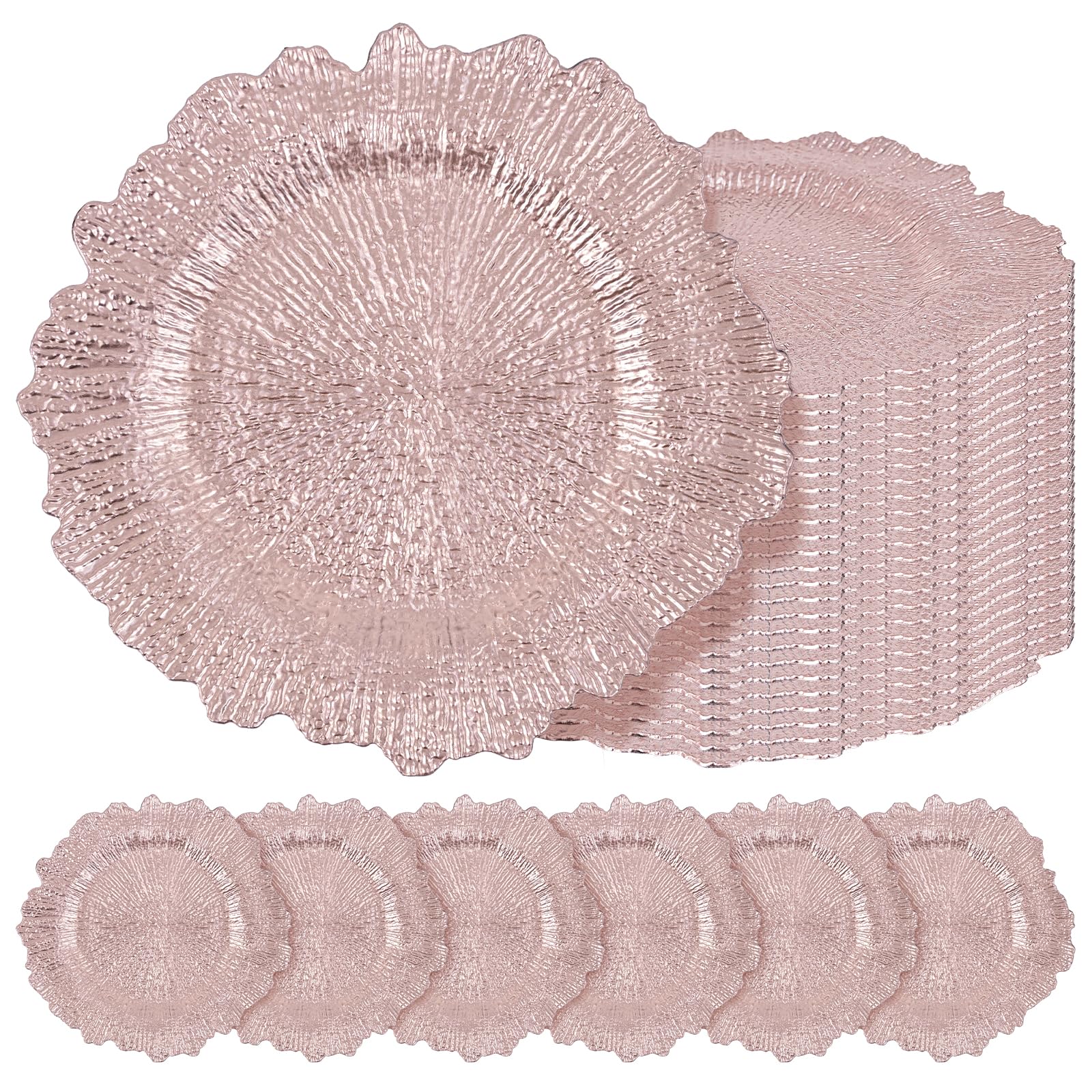 Photo 1 of 24 Pcs Rose Gold Charger Plates Bulk 13 Inch Plastic Charger Plates for Dinner Plate, Rose Gold Chargers for Table Setting, Reef Design Plate Floral Decorative Round Chargers for Wedding Party, Event
