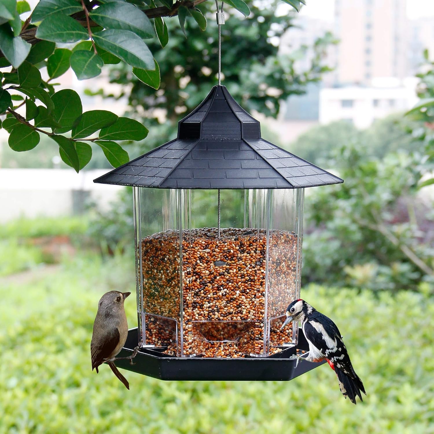 SAND MINE Panorama Bird Feeder, Hexagon Shaped with Roof Hanging Bird Feeder for Garden Yard Decoration (Black) : Garden & Outdoor
