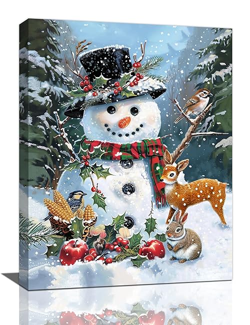 Snowman Wall Art Winter Pictures Christmas Canvas Wall Decor Snowman Painting Home Modern Artwork Decorations Framed for Living Room Bedroom Bathroom Office 12 x 16 inch