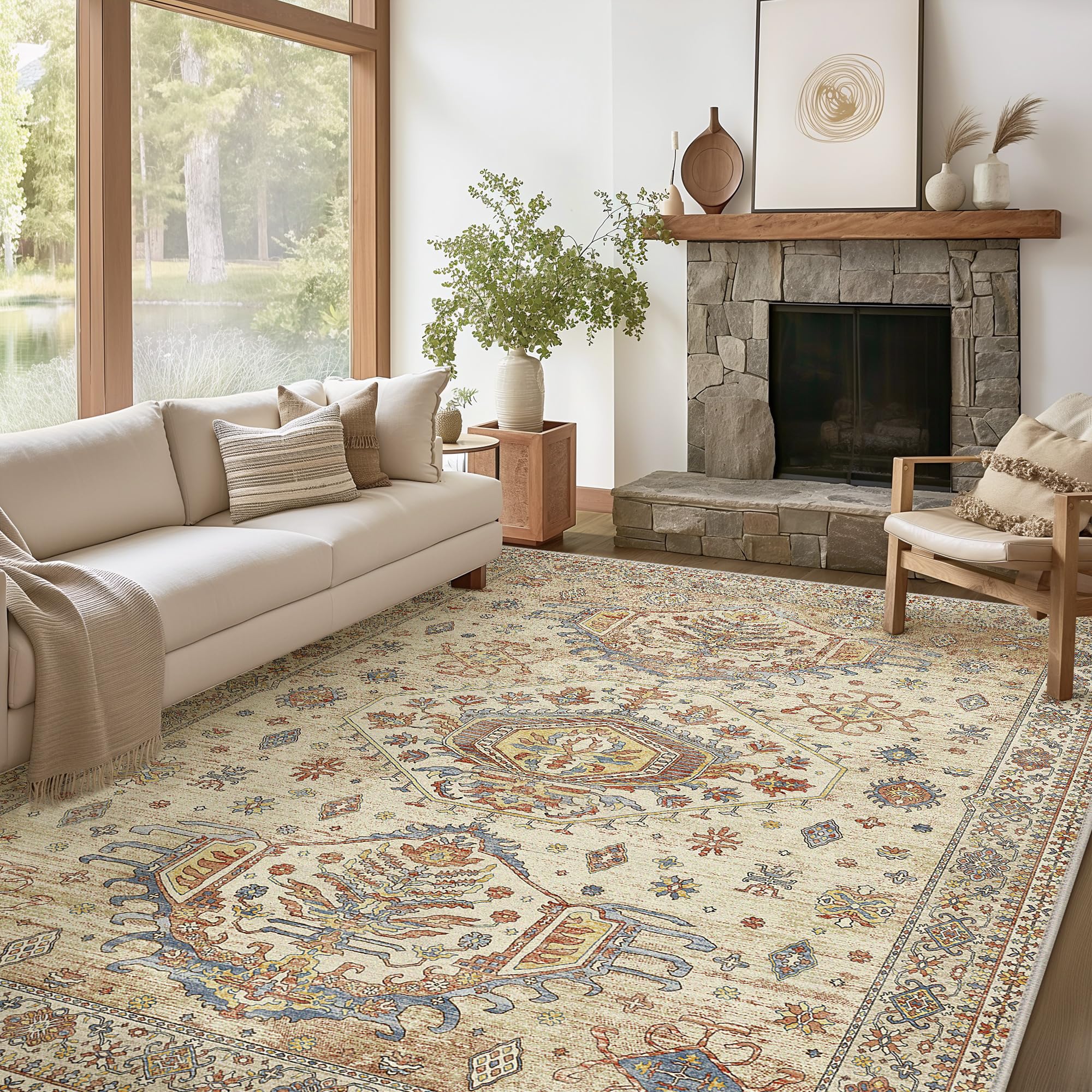 Photo 1 of 3x5 Area Rugs for Living Room, Machine Washable Rug Non Slip, Vintage Chenille Distressed Print Carpet, Large Low Pile Ultra-Thin Lightweight Rugs for Bedroom, Dining Room, Office Light Brown