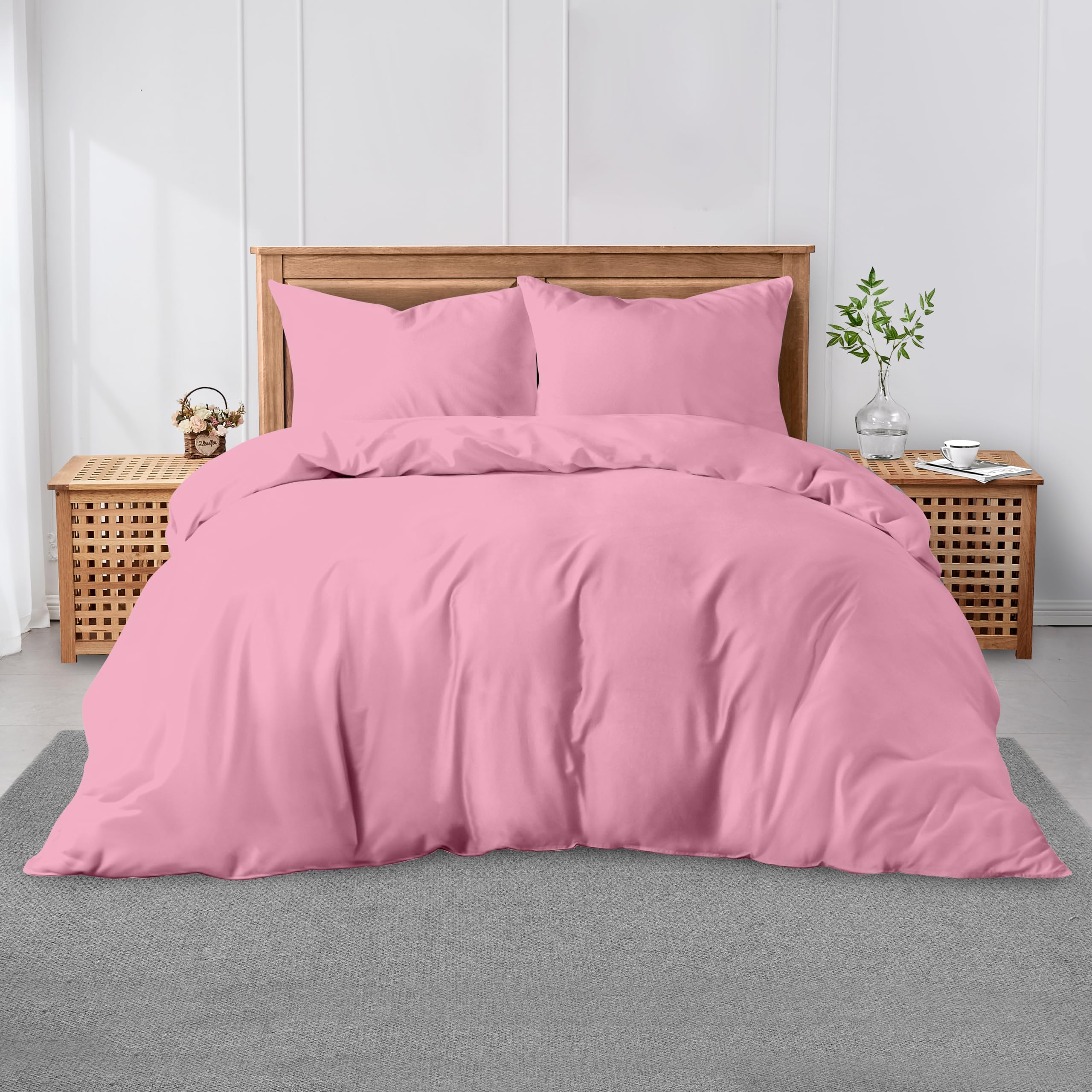 Easy Care Duvet Cover King Size Quilt Bedding Set With Pillowcases, Soft & Cosy Bed Covers, Pink