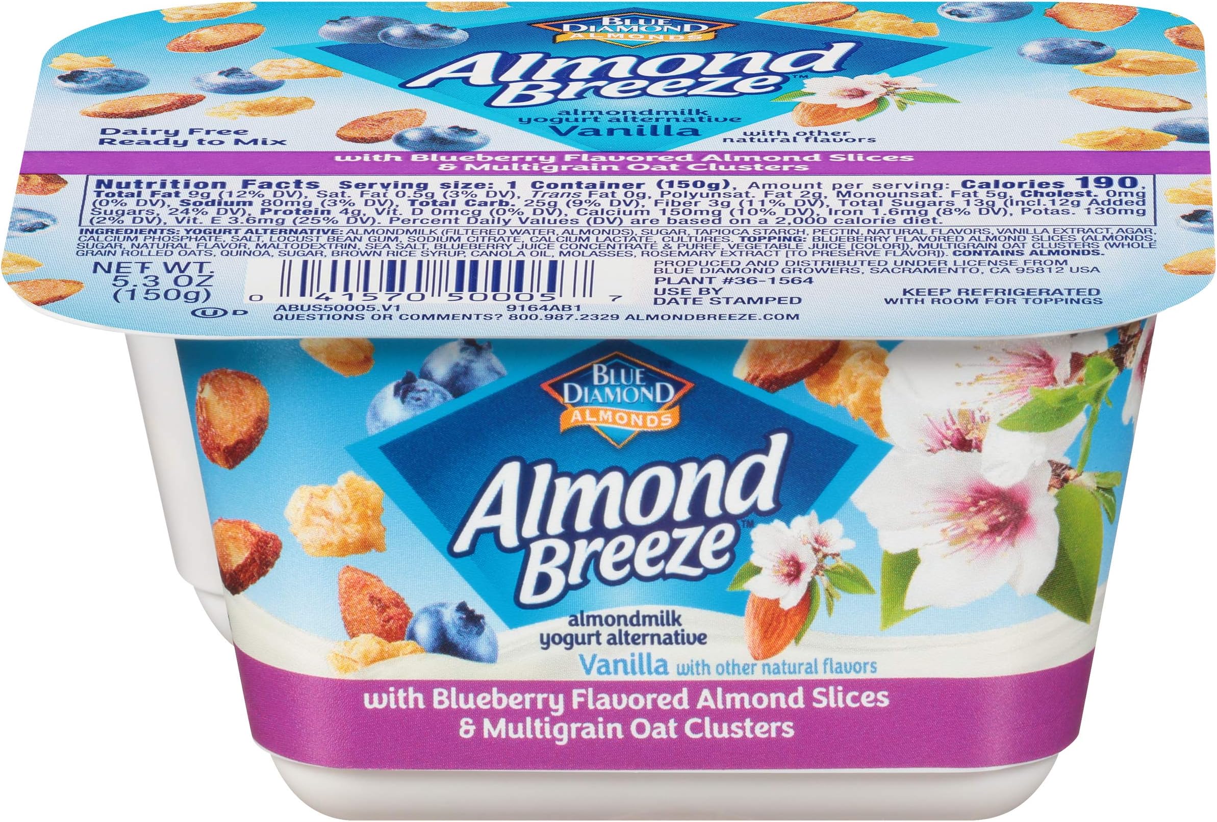 Almond Breeze Vanilla Yogurt Alternative with Blueberry Flavored Almonds and Multigrain Oat Clusters