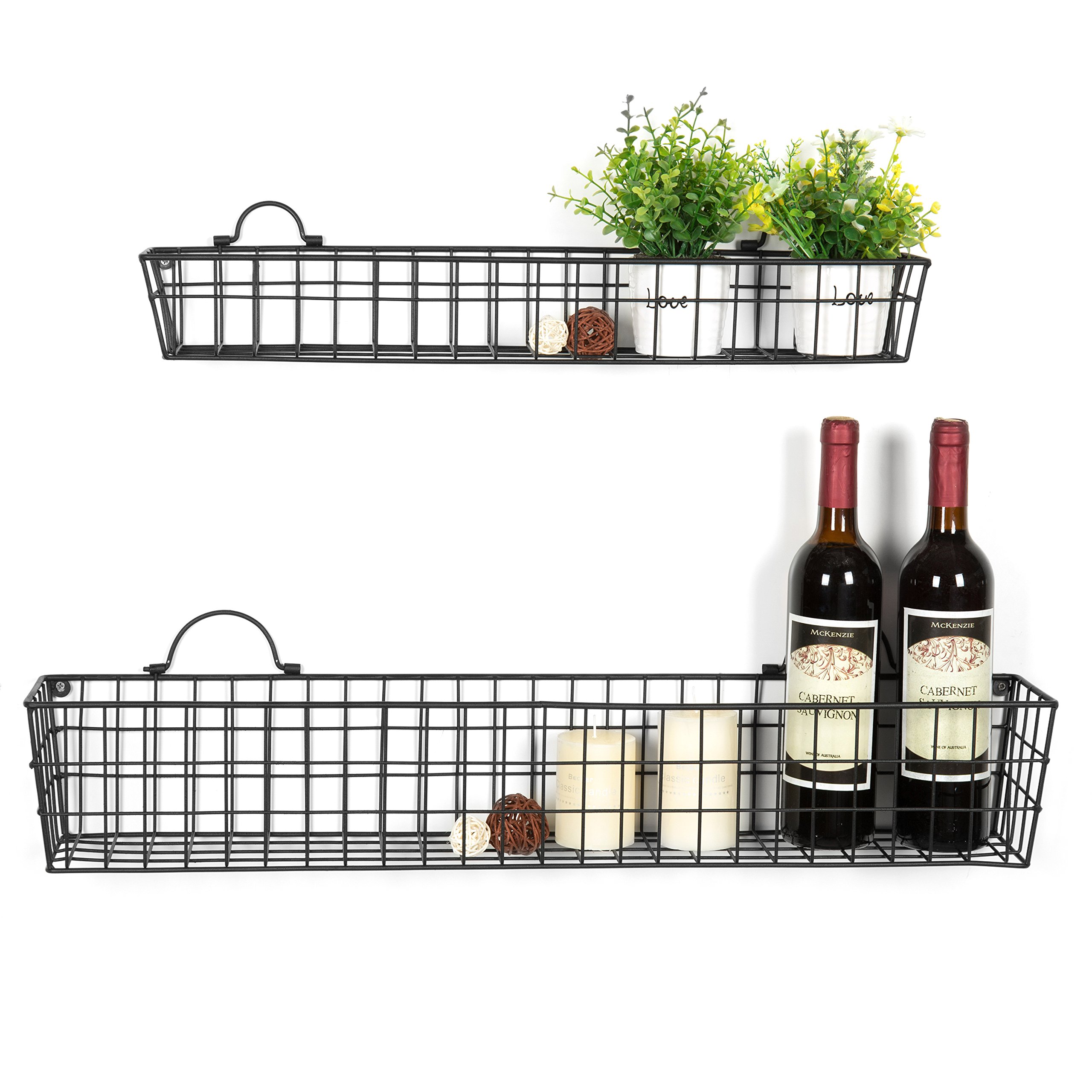 MyGift Country Rustic Wall Mounted Openwork Black Metal Mesh Storage Baskets Display Racks, Set of 2