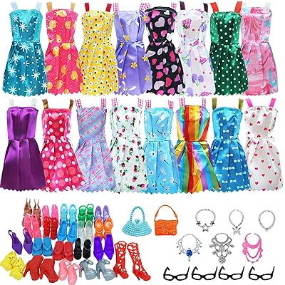 BJDBUS 32 pcs Random Doll Clothes and Accessories Including 10 pcs Fashion Mini Dresses 22 pcs Shoes, Glasses, Necklaces, Handbag Accessories for 11.5 Inch Girl Doll