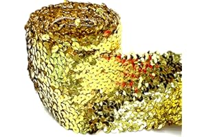 Lmlliang 2 Yards 2.95Inch Elastic Sequin Ribbon Trim Glitter Metallic Stretch Flat Sequinfor DIY Crafts, Sewing Dress Fabric Ribbon Sewing Craft Supplies(Golden