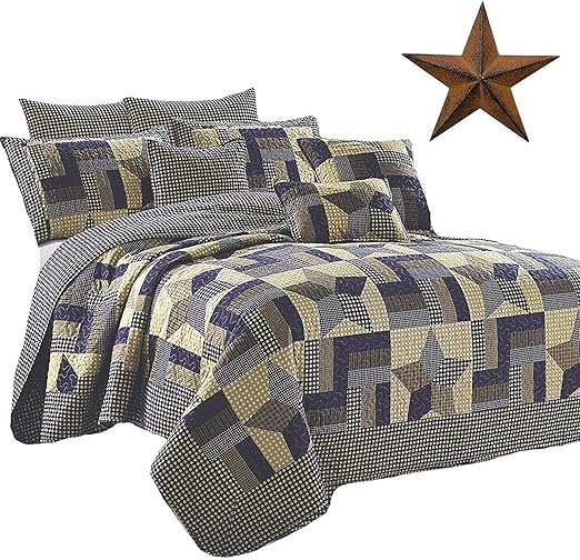 Rustic Blue And Brown Farmhouse Primitive Woodland Star 3pc Full Queen Size Quilt Setm Brown Barn Star