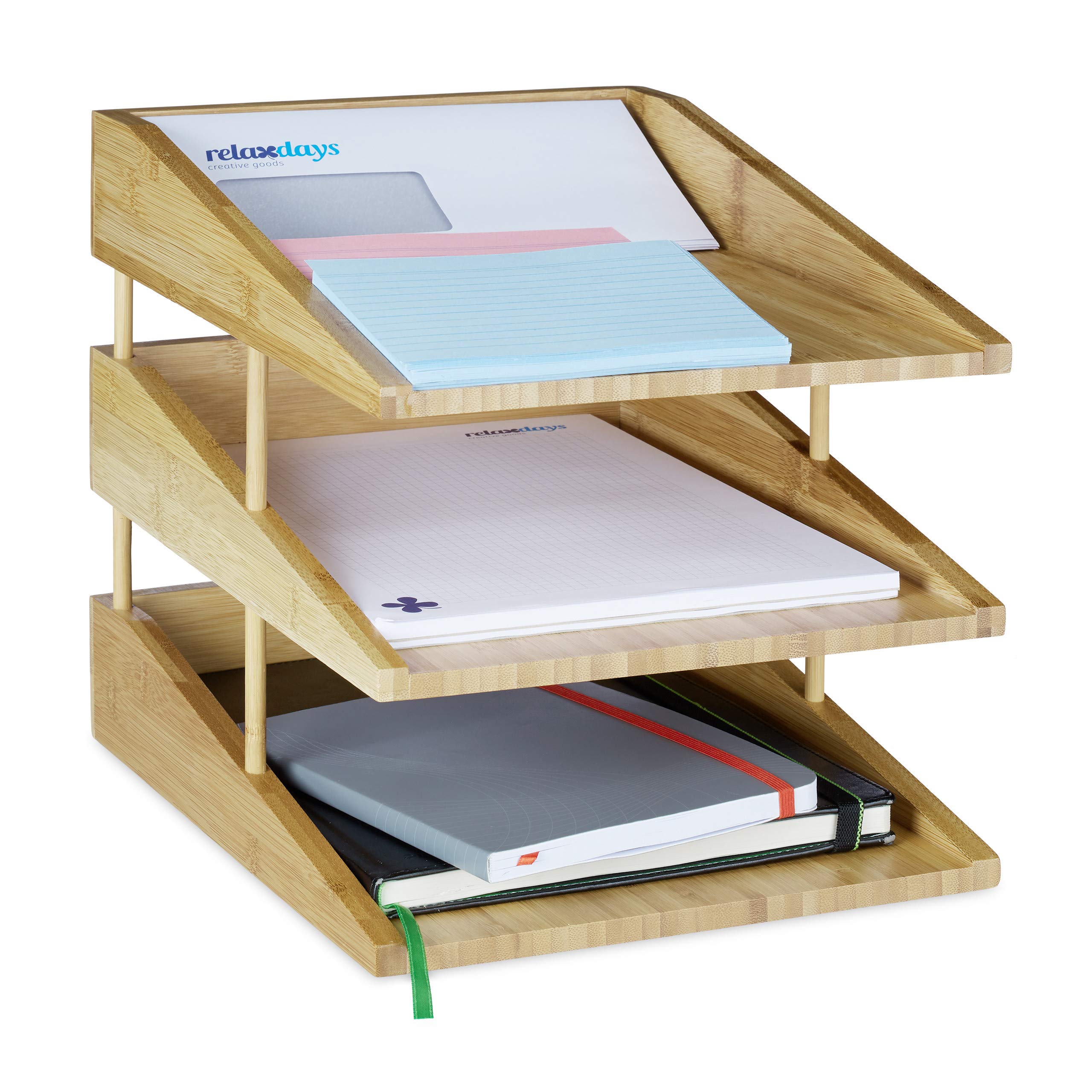 Relaxdays Document Filing Tray, Stackable, DIN A4 Letter Rack, Office, Desk, Bamboo, 3 Tiers, Natural