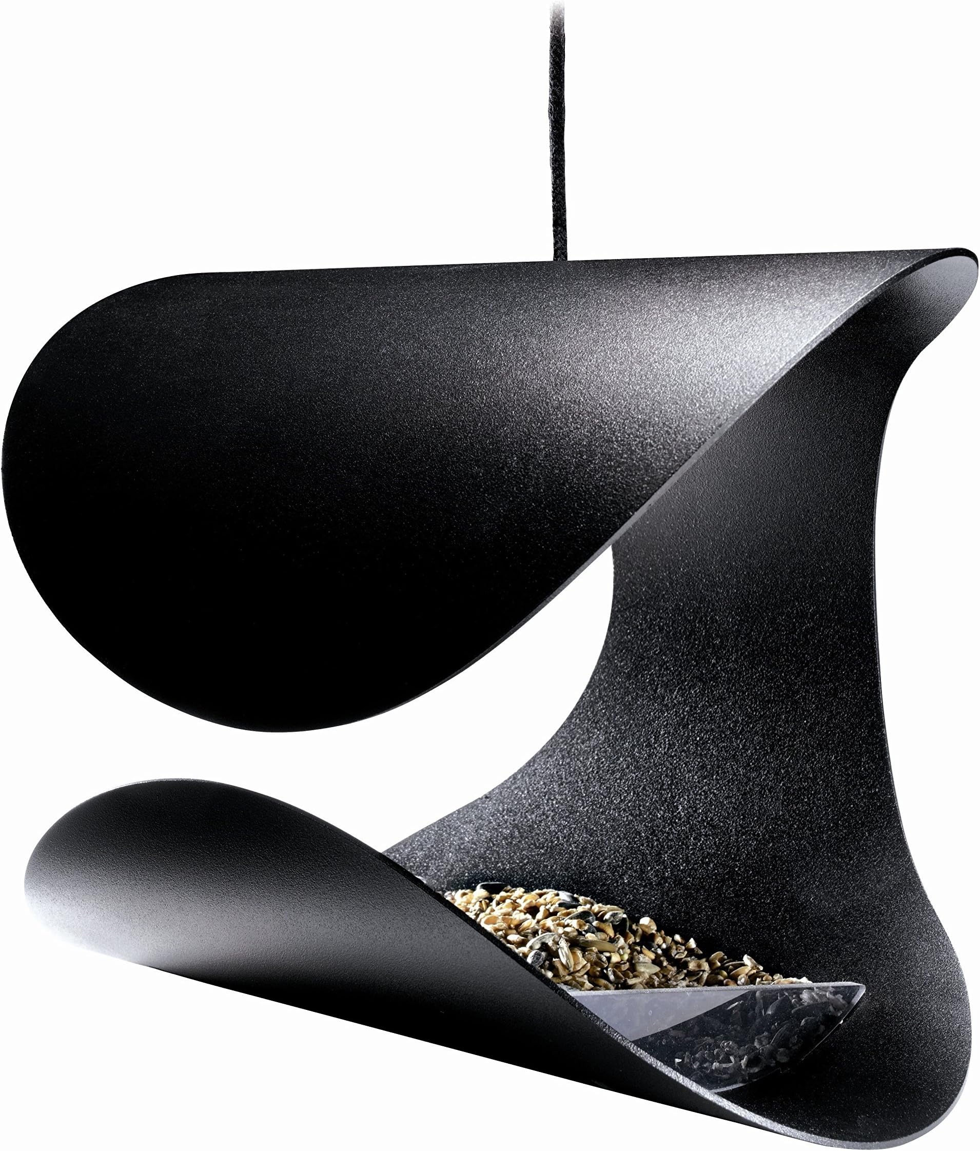 Tuliba Modern hanging BIRD FEEDER and BIRD HOUSE - Black Powder Coated STEEL - DANISH DESIGNER - Art for Your Garden - DURABLE -EASY CARE