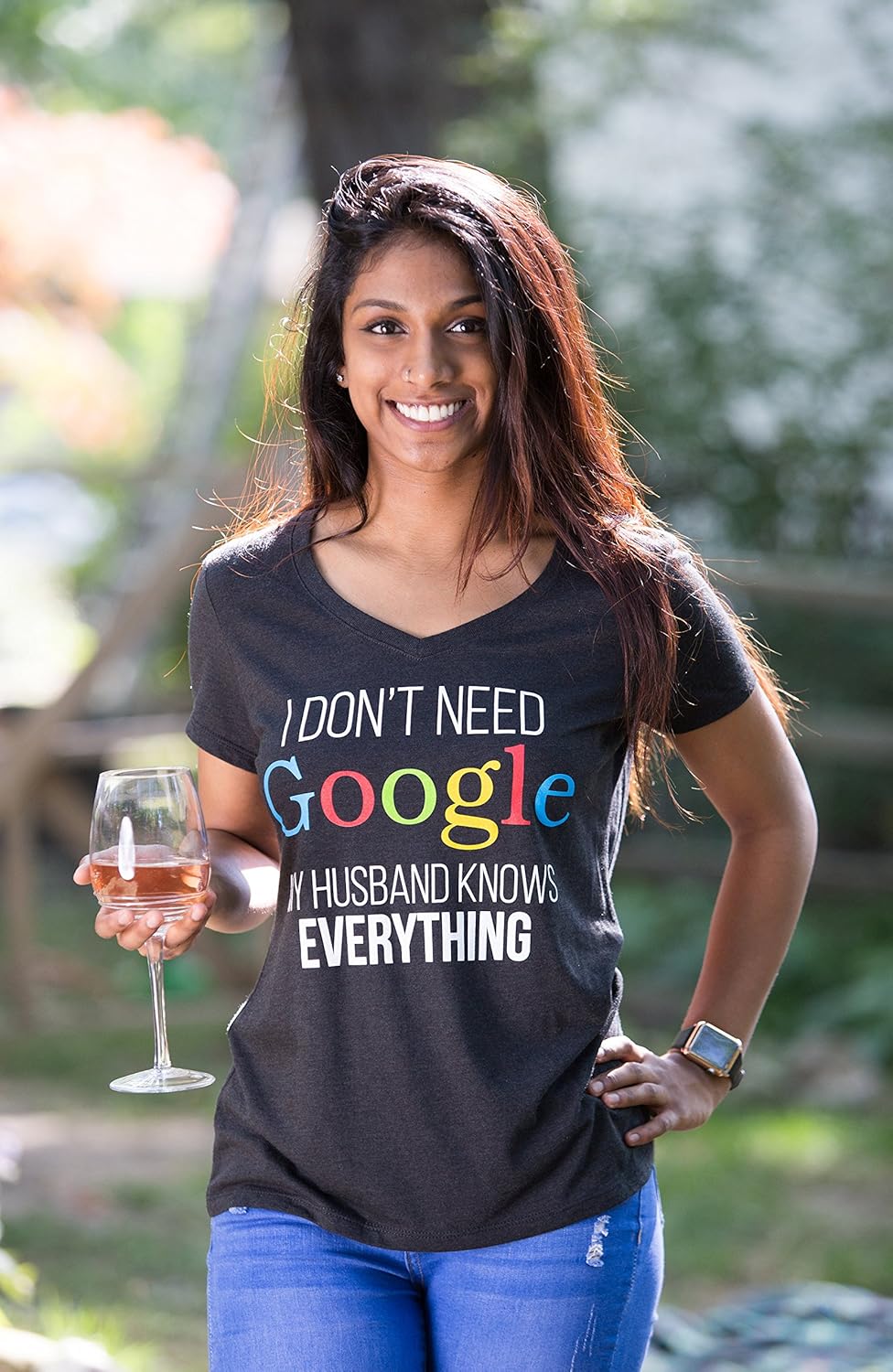 I Don't Need Google, My Husband Knows Everything | Wife Women's V-Neck T-Shirt: Clothing