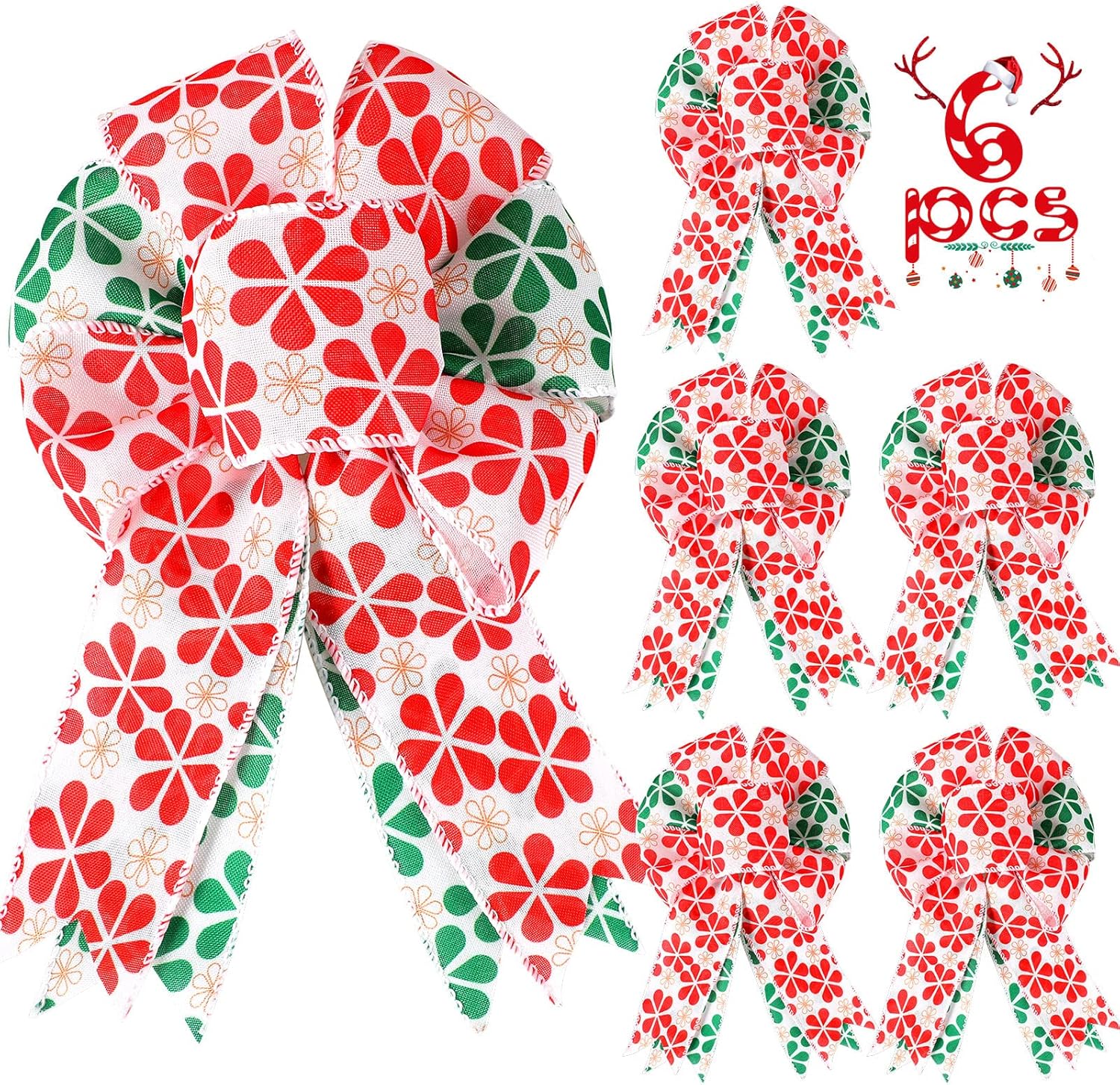 Bows & Ribbons - Dingion 6 Pcs Christmas Tree Topper Bows Christmas Bows Outdoor Decorations Farmhouse Large Bows for Wreaths Christmas Bows Decoration Xmas Bow Tree Topper for Home Front Door Decor (Flower Pattern)