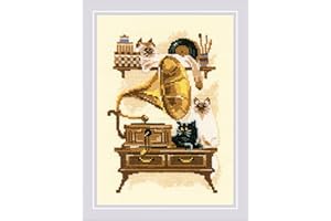 RIOLIS - Cat with Gramaphone 859, Cat Lovers Cross Stitch Kits 7" x 9½", Cross Stitch Kits for Beginners & Advanced, Crossstitching Kit Adult, Animals Embroidery Kit
