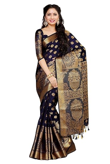 Women's Kanchipuram Silk Saree with Unstitched Blouse Piece (4050-241-SD-NVY_Navy Blue)