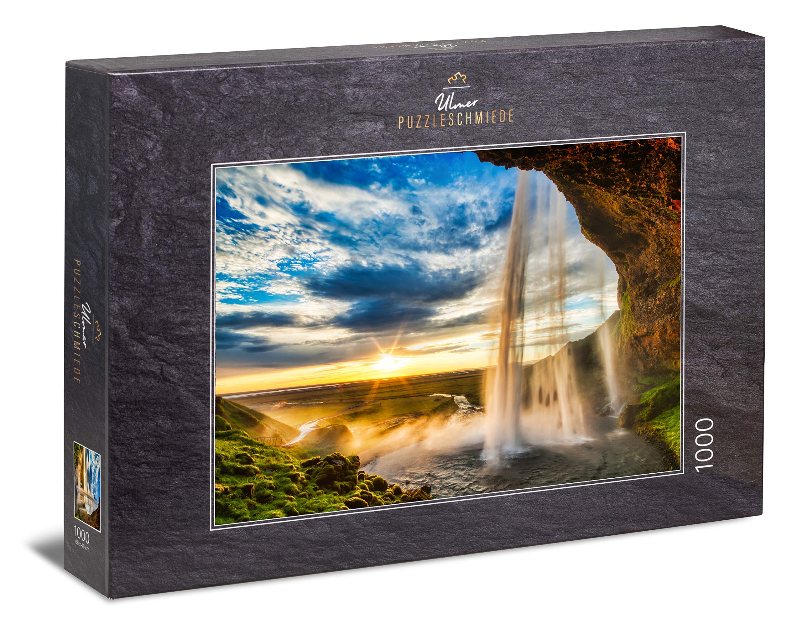 Ulmer Puzzleschmiede - Puzzle "Waterfall Seljalandsfoss" - 1000 pieces jigsaw puzzle - Iceland's spectacular waterfall before sunset in ireland