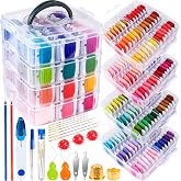 BYMORE 262 Pack Embroidery Thread Floss Kit Including 200 Colors 8 M/Pcs Cross Stitch Sewing Thread with Floss Bins and 62 Pcs Cross Stitch Tool,4-Tier Transparent Storage Box