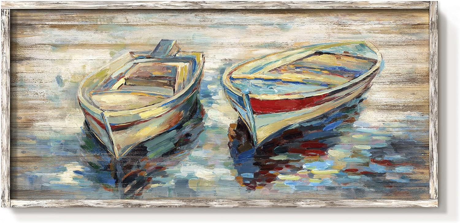 Paintings - Beach Boats Framed Wall Art: Abstract Canoe Painting Hand Painted Coastal Sailing Boat Wooden Painting Modern Nautical Sail Picture Seaside Rowboat Artwork Decor for Living Room