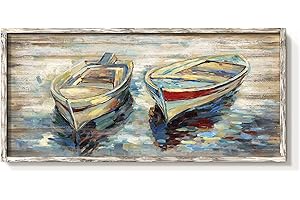 COZY COUNTRY Beach Boats Framed Wall Art: Abstract Canoe Painting Hand Painted Coastal Sailing Boat Wooden Painting Modern Nautical Sail Picture Seaside Rowboat Artwork Decor for Living Room
