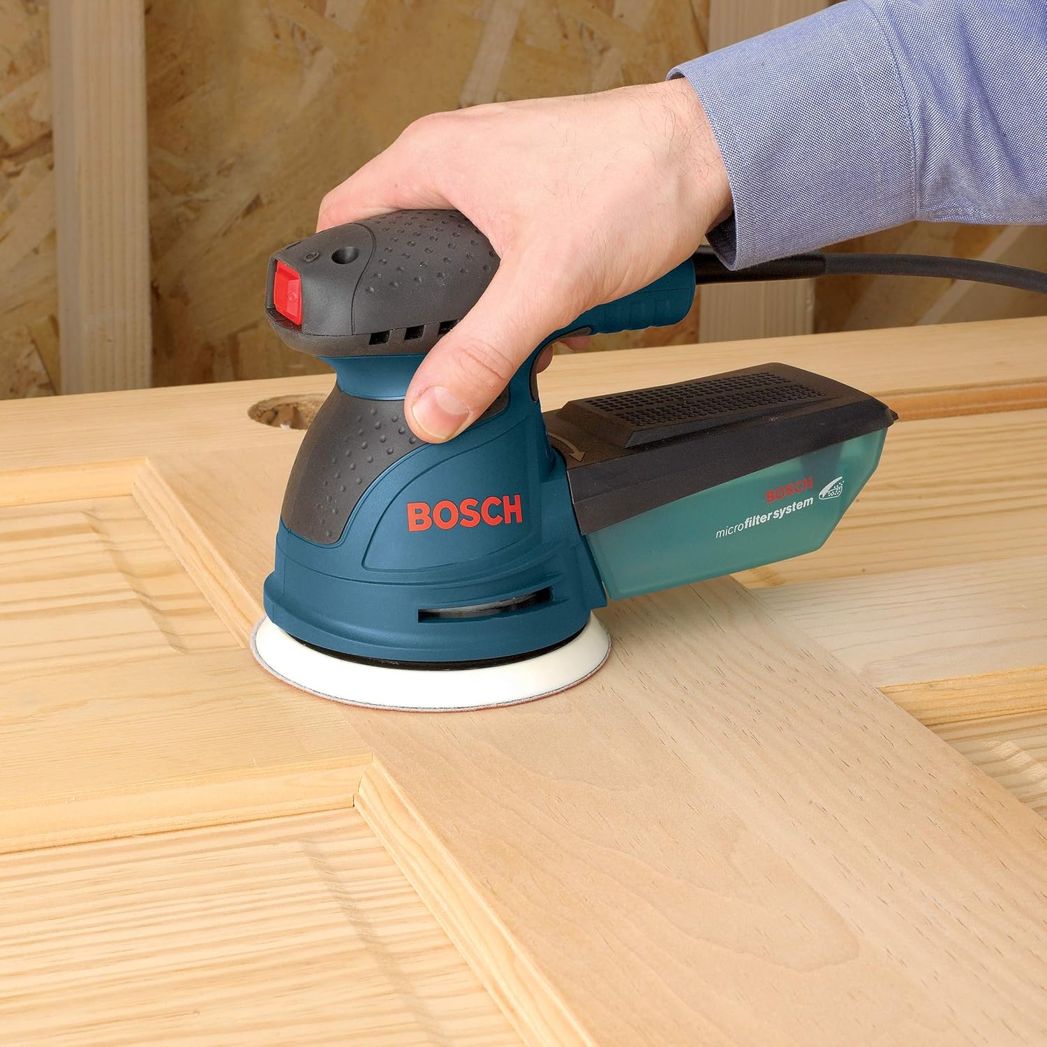 Bosch ROS20VSC Palm Sander - 2.5 Amp 5 in. Corded Variable Speed Random Orbital Sander/Polisher Kit with Dust Collector and Soft Carrying Bag, Blue - Power Random Orbit Sanders - 