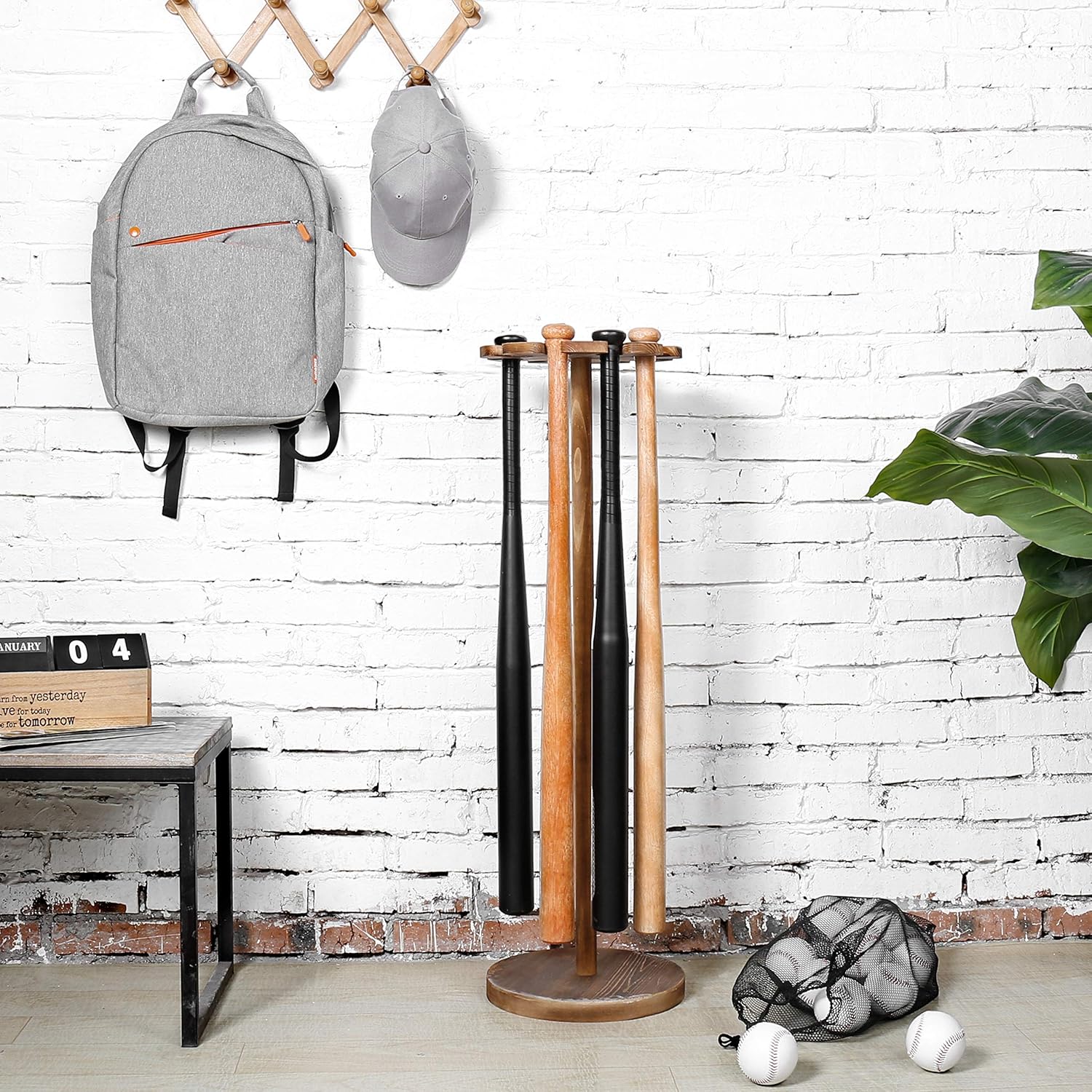 Holds 9 Bats MyGift Rustic Wood Freestanding Baseball Bat Display Rack