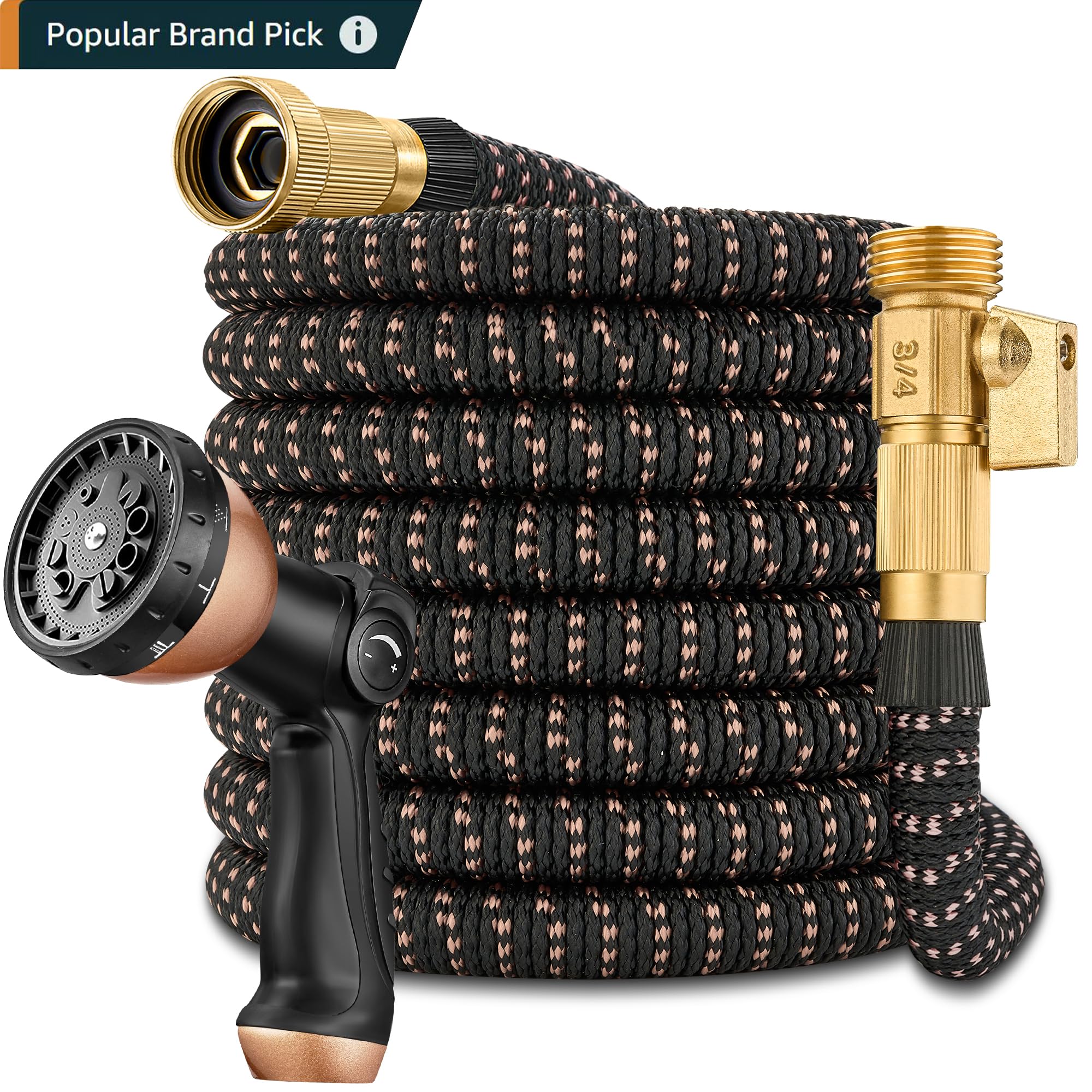 Photo 1 of 100ft Garden Hose – 2025 Upgarded Expandable Garden Hose w/10 Pattern Thumb Spray Nozzle, 650psi Pure Brass 3/4” Fittings – Lightweight, Durable, and Kink-Free(Black Rose Gold)