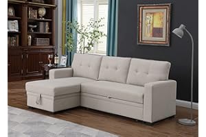 ACQCA 82" Sectional Sleeper Sofa with Pull Out Bed and Chaise Storage, L-Shape Reversible 3 Seater Couch with Tufted Backrest for Living Room,Apartment,Office,Beige