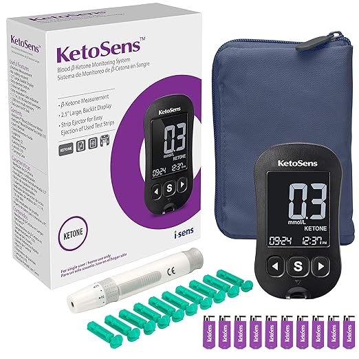 KetoSens Blood Ketoneモニターキット、メーター、10個のKetoテストストリップ、10個のランセット、ランシングデバイスおよびキャリングケース - Ketoダイエットに最適