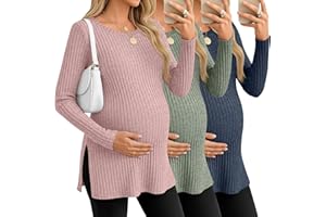 Ficerd 3 Pack Women's Maternity Shirts, Ribbed Long Sleeve Pregnancy Sweaters Crew Neck Slit Side Knit Pregnant Tunic Tee Top