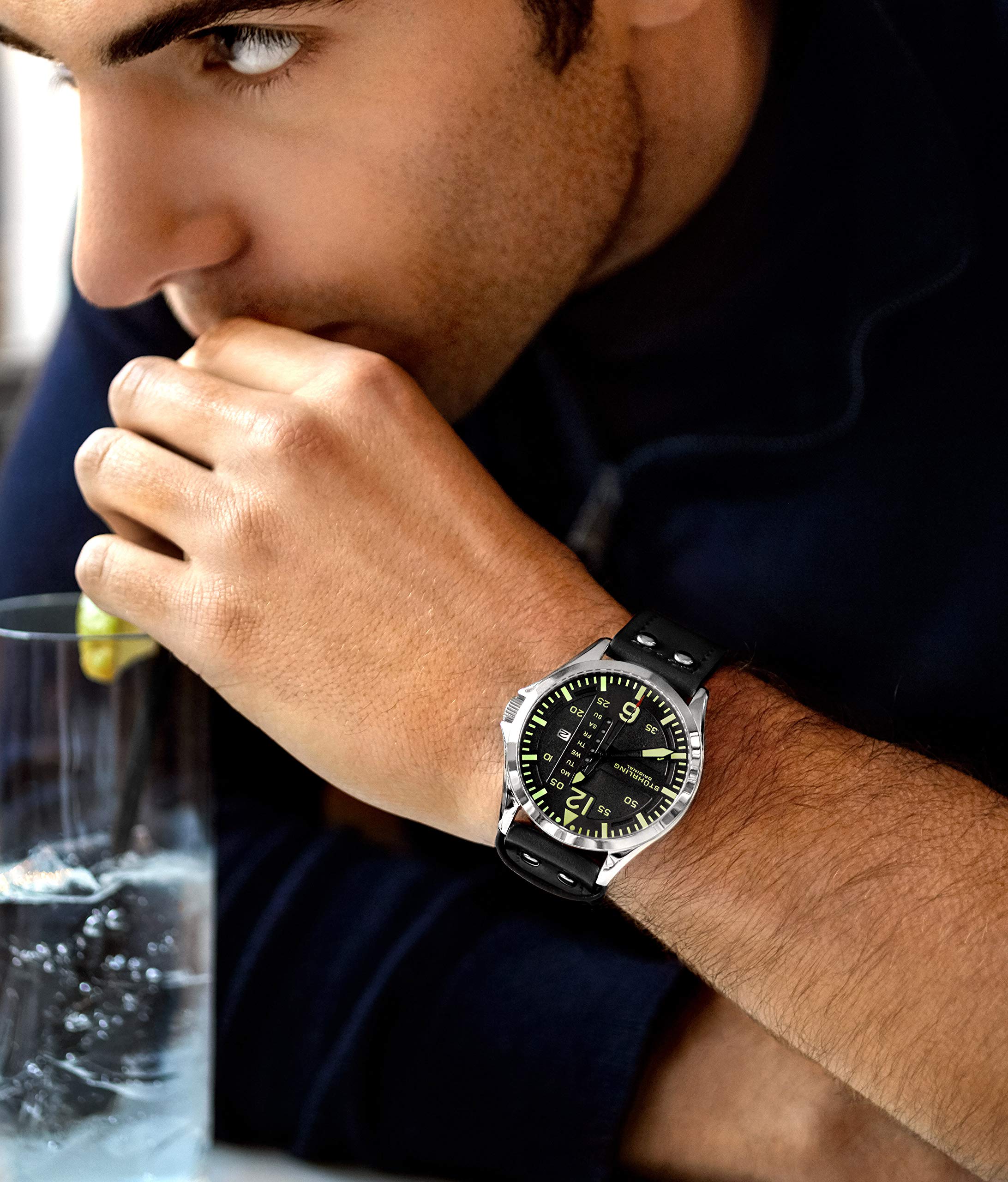 Stuhrling Original Mens Leather Watch -Aviation Watch, Quick-Set Day-Date Leather Band with Steel Rivets,