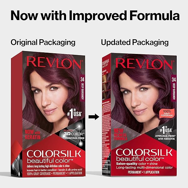REVLON COLORSILK BEAUTIFUL COLOR PERMANENT HAIR COLOR, LONG-LASTING HIGH-DEFINITION COLOR, SHINE & SILKY SOFTNESS WITH 100% GRAY COVERAGE, AMMONIA FREE, 034 DEEP BURGUNDY, 1 PACK
