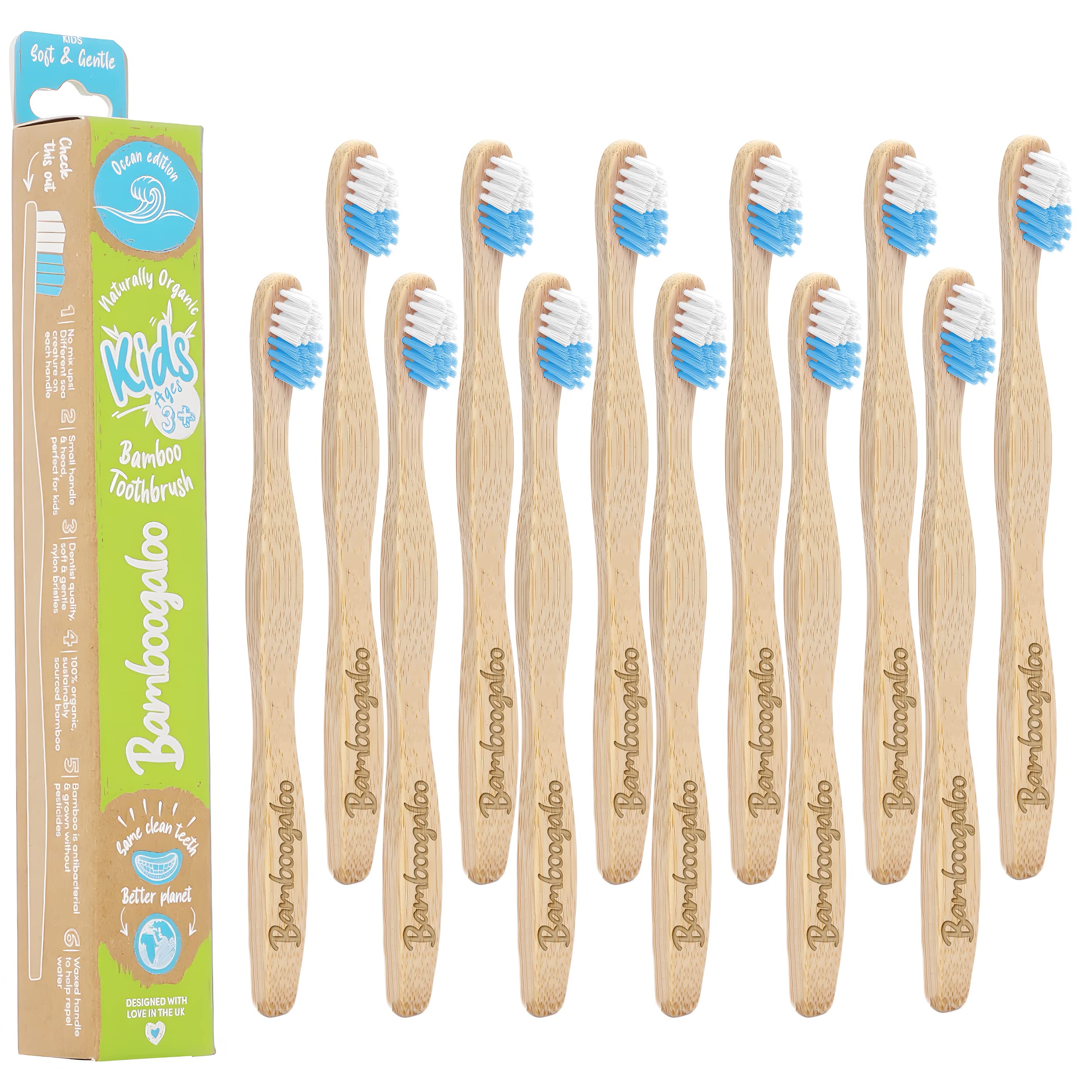 BAMBOOGALOO Pack of 12 Organic Kids Bamboo Toothbrushes- Premium UK Brand. Wooden Toothbrush with Sustainable, Plastic-Free Packaging, Beautifully Crafted Eco Toothbrush, Charity Edition