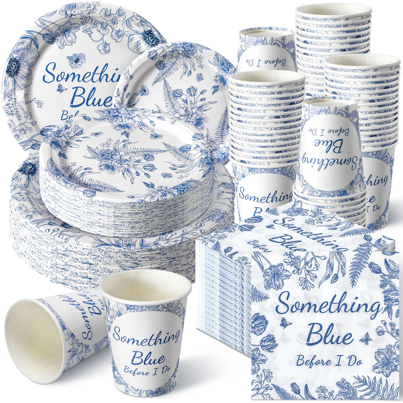 Photo 1 of Zhehao 250 Pcs Something Blue Bridal Shower Plates Napkins Sets 50 Pcs 9'' Dinner Plates and 7'' Dessert Plate and 9oz Cups 100 Napkins Serves 50 Party Supplies Bridal Shower Engagement Decoration