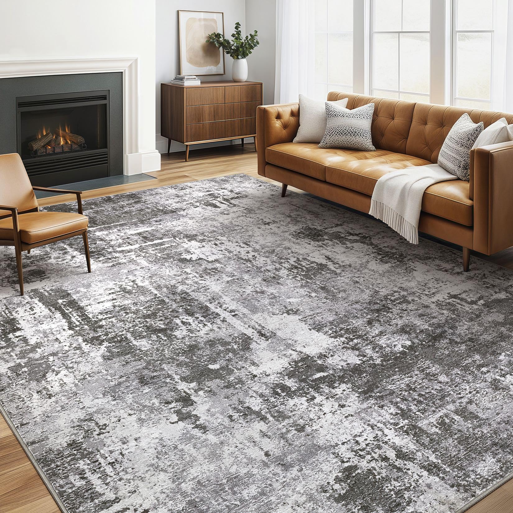 Photo 1 of 5x8 Area Rug Living Room: Machine Washable Large Abstract Modern Soft Rugs Stain Resistant Indoor Floor Non Slip Accent Carpet for Bedroom Nursery Playroom Dining Room Office Dorm Home- Black Grey