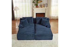 Keainvren Oversized Double Chaise Lounge Chair Indoor Fluffy Upholstered Corduroy Sofa Bed with Throw Pillows Comfy Sleeper Deep Seat Sectional Loveseat Sofa Couch for Living Room (Blue)