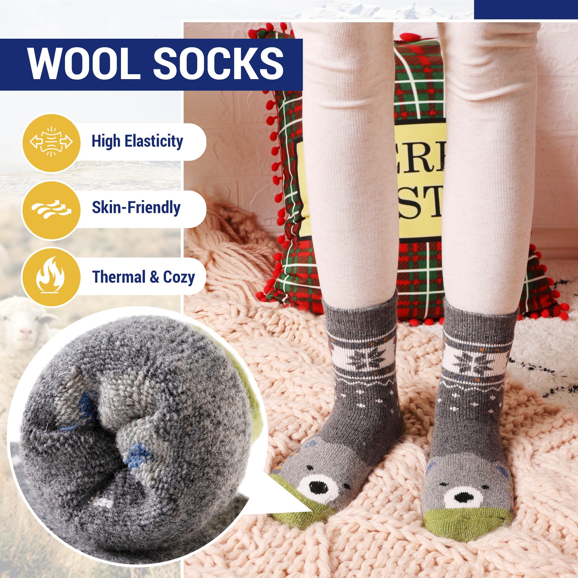 Eocom Kids Wool Socks For Boys Girls Warm Hiking Thermal Winter Cozy Soft Thick Toddlers Crew Boot Socks 6 Pairs