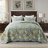 Travan 3-Piece Quilt Set Quilted Bedspread Cotton Coverlet Set Floral Printed Oversized Quilted Bedding Set with Shams for All Season, Green Vine, Queen Size