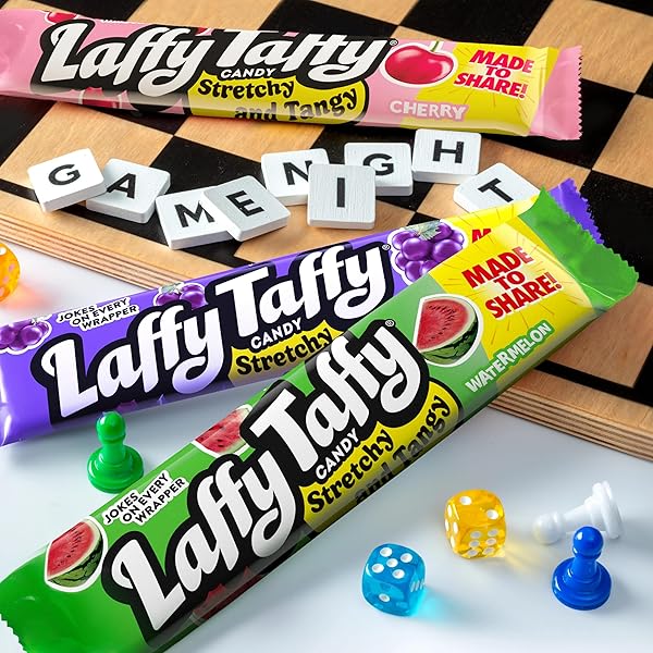 LAFFY TAFFY STRETCHY & TANGY VARIETY CANDY BOX, GRAPE, WATERMELON, AND CHERRY FLAVORS, 1.5 OUNCE BARS (PACK OF 24)