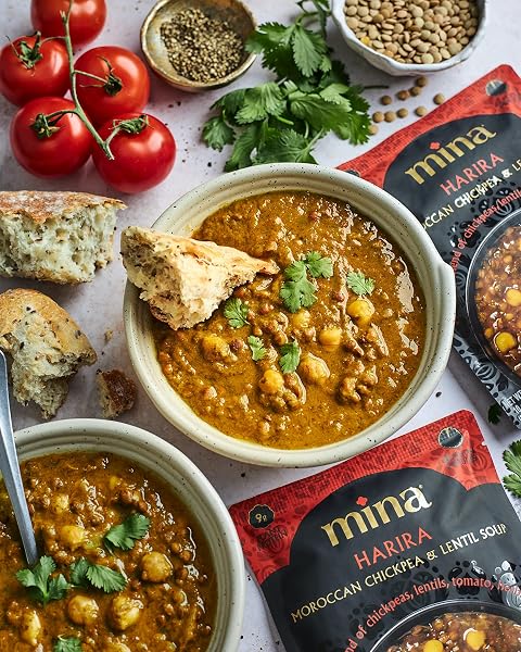 MINA HARIRA, MOROCCAN CHICKPEA & LENTIL SOUP, READY TO EAT MEALS,10 OZ GLUTEN FREE, HIGH IN PLANT BASED PROTEIN, MICROWAVABLE SOUP, VEGAN, NON-GMO, KOSHER, PACKAGED MEALS & SIDE DISHES