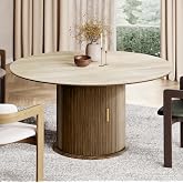 55-Inch Sintered Stone Round Dining Table with Pedestal for 6, Walnut | Natural Travertine Look, Heat and Scratch Resistant, Hidden Storage, Low-Maintenance, Fluted Pedestal Design, Table Only