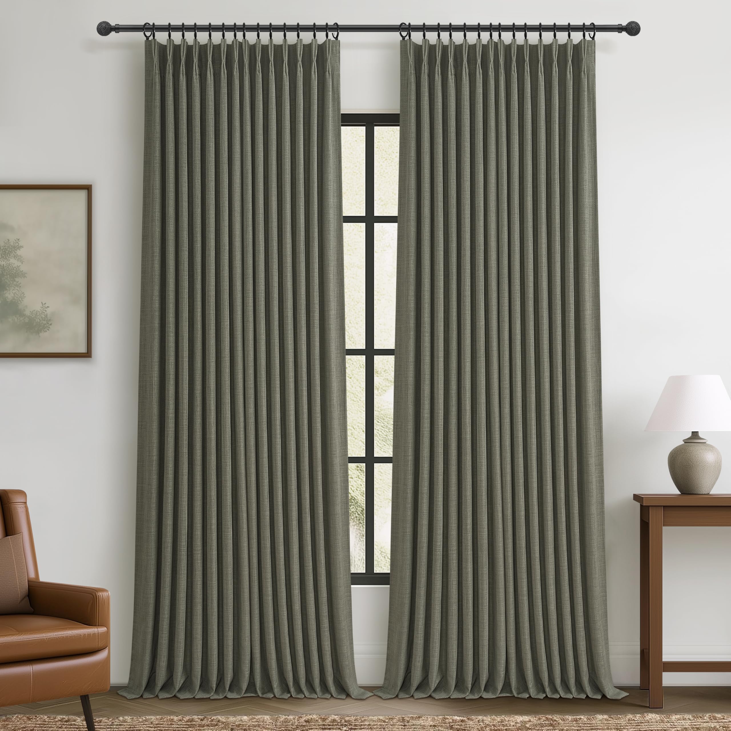 Photo 1 of Lichen Grey Pinch Pleated 102 Inch Long Curtains 2 Panels Set for Dining Room, Farmhouse Full Black Out Thick Linen Two Layer Viral Curtain Thermal Energy Efficient Greenish Gray Window Drape 8-1/2 FT